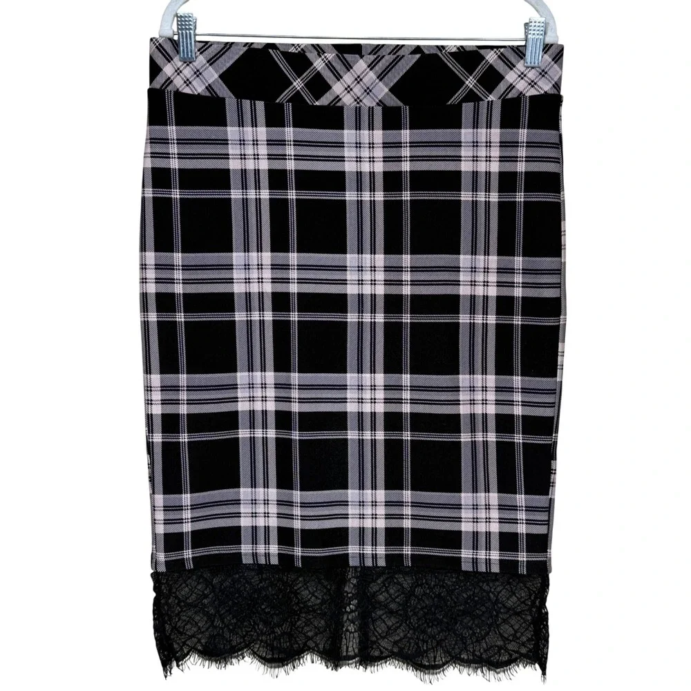 Torrid Ponte Knit Plaid Pencil Midi Skirt Lace Trim‎ Black Pink Womens 10